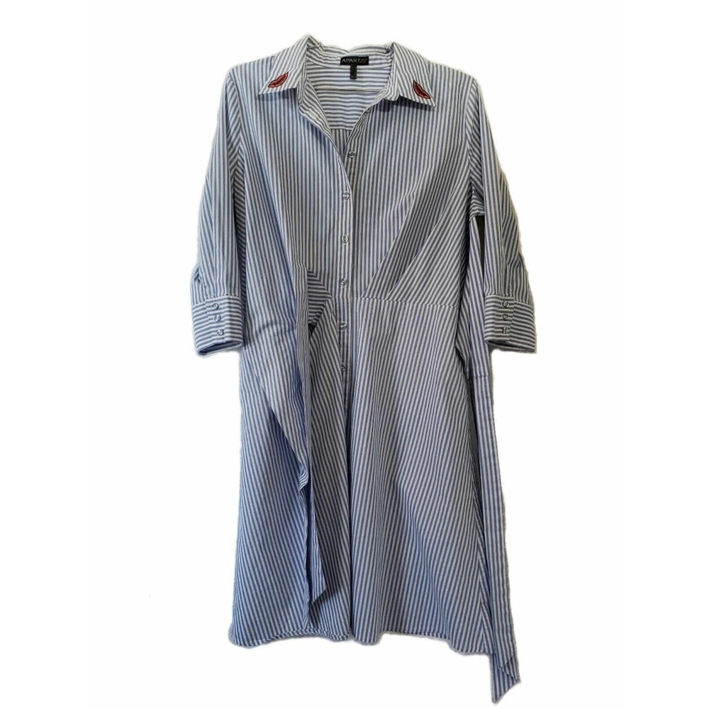 APART White Blue Stripes Pink Lips Patch Collared Flare Sheath Shirt Dress 6 M